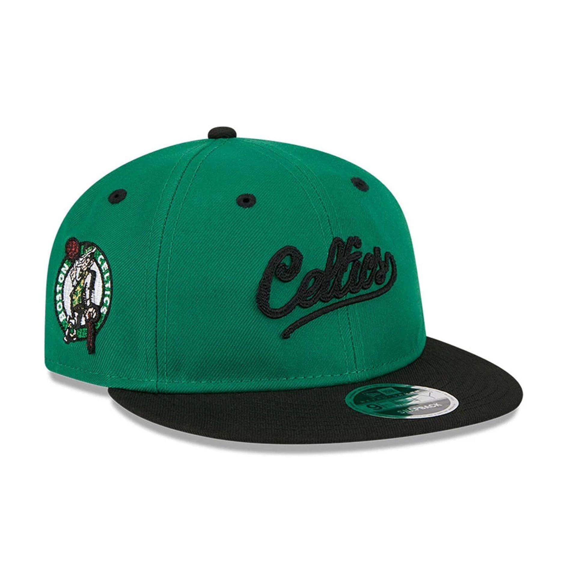 Pictured is this NBA Chainstitch Script Boston Celtics Retro Crown 9FIFTY cap in green. 1