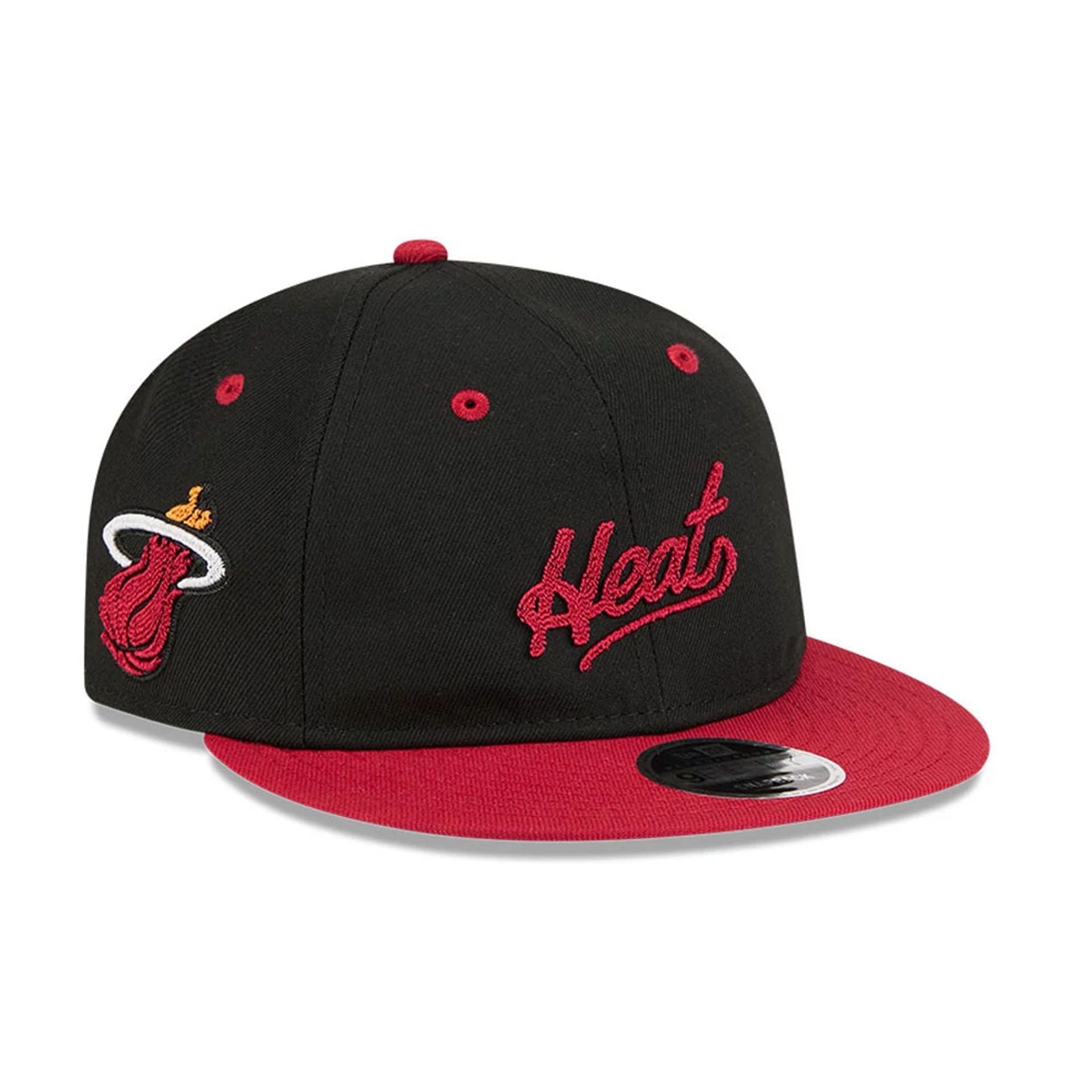 Pictured is this NBA Chainstitch Script Miami Heat Retro Crown 9FIFTY cap in black. 1