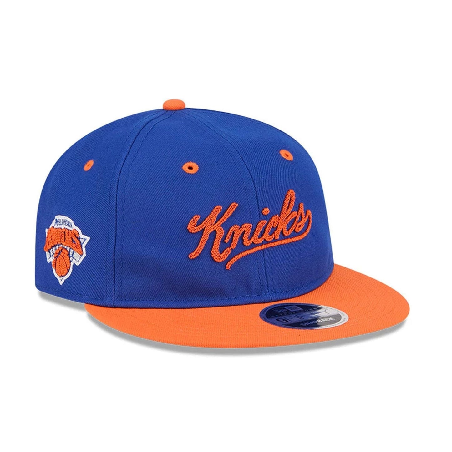 Pictured is this NBA Chainstitch Script New York Knicks Retro Crown 9FIFTY cap in blue. 1