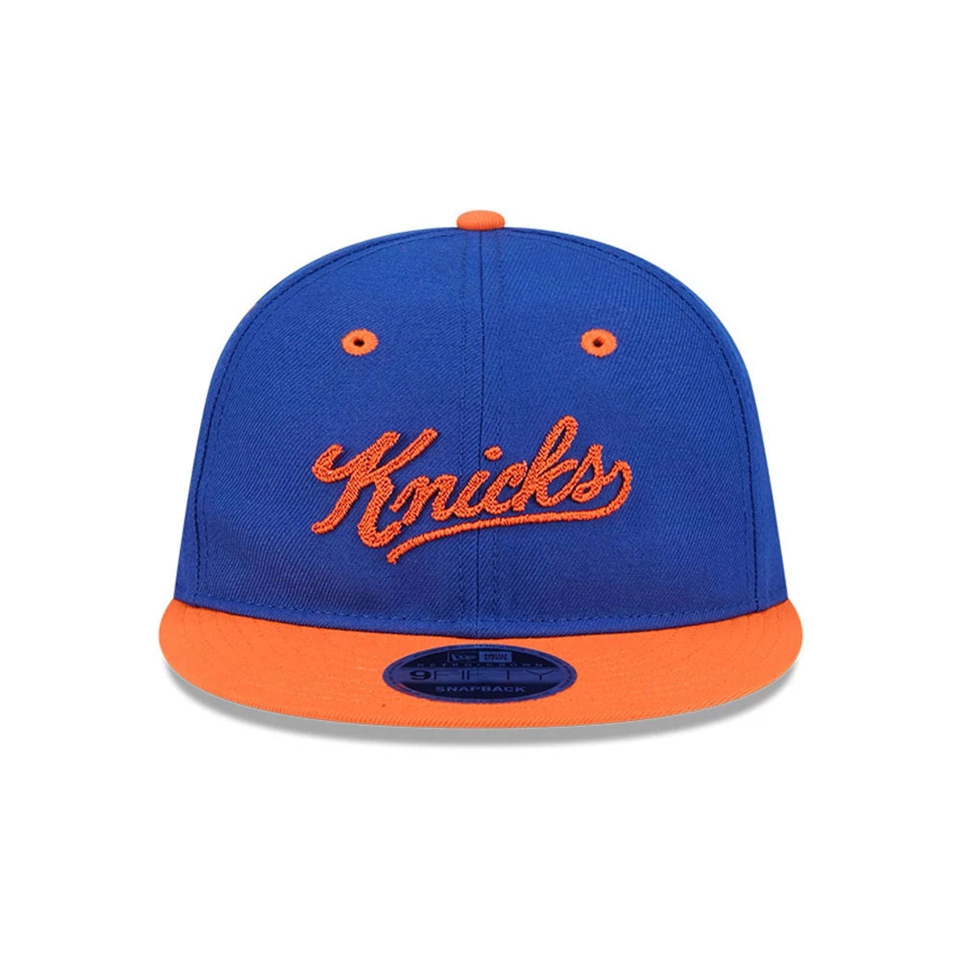Pictured is this NBA Chainstitch Script New York Knicks Retro Crown 9FIFTY cap in blue. 3