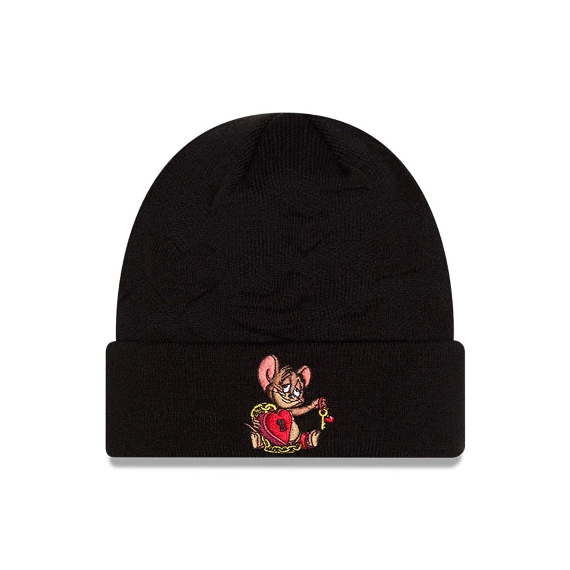 Pictured is this Tom & Jerry Key To My Heart Cuff Knit Beanie hat in black. 1