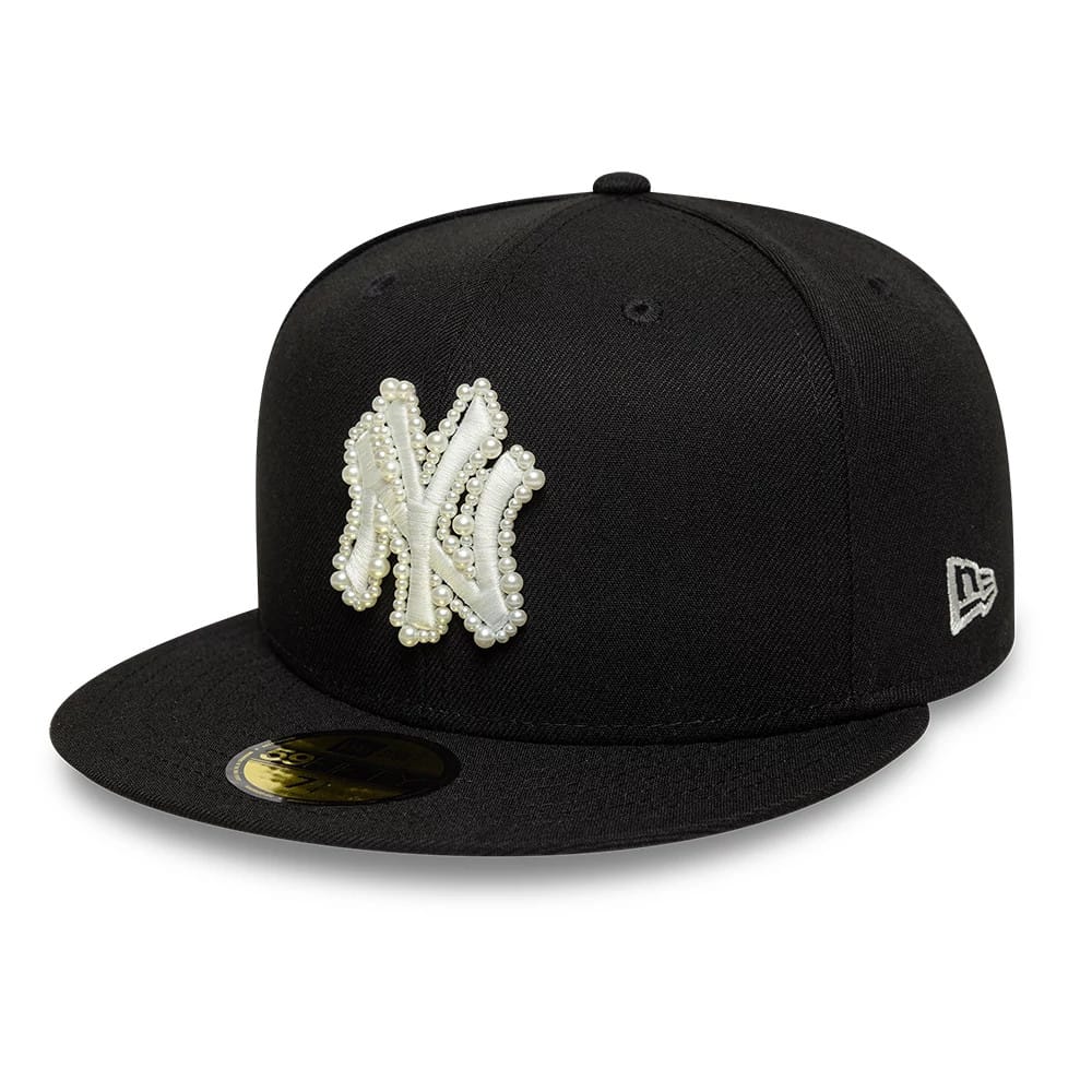 Pictured is this MLB Faux Pearl New York Yankees 59FIFTY Fitted cap in black. 1