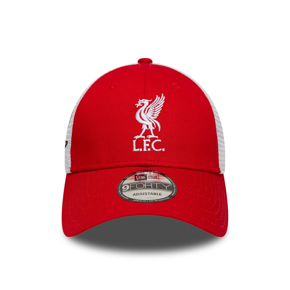 Liverpool FC Patch Red New Era 9FORTY Adjustable Cap, front view showing the white embroidered liver bird and L.F.C. lettering on the structured red crown, complemented by a red curved visor with a 9FORTY size sticker, and white mesh side panels.
