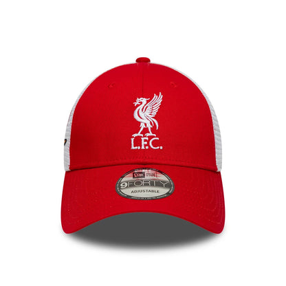 Liverpool FC Patch Red New Era 9FORTY Adjustable Cap, front view showing the white embroidered liver bird and L.F.C. lettering on the structured red crown, complemented by a red curved visor with a 9FORTY size sticker, and white mesh side panels.
