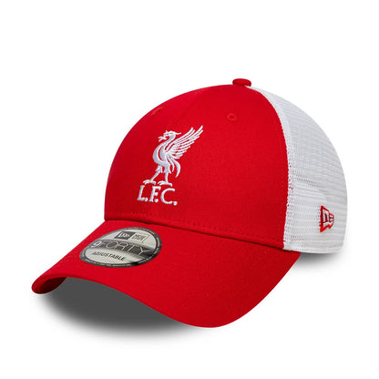 Liverpool FC Patch Red New Era 9FORTY Adjustable Cap, three-quarter view showing a white embroidered Liverbird and L.F.C. lettering on the red front panel, a mesh white rear, red New Era flag logo on the left side and a 9FORTY size sticker.