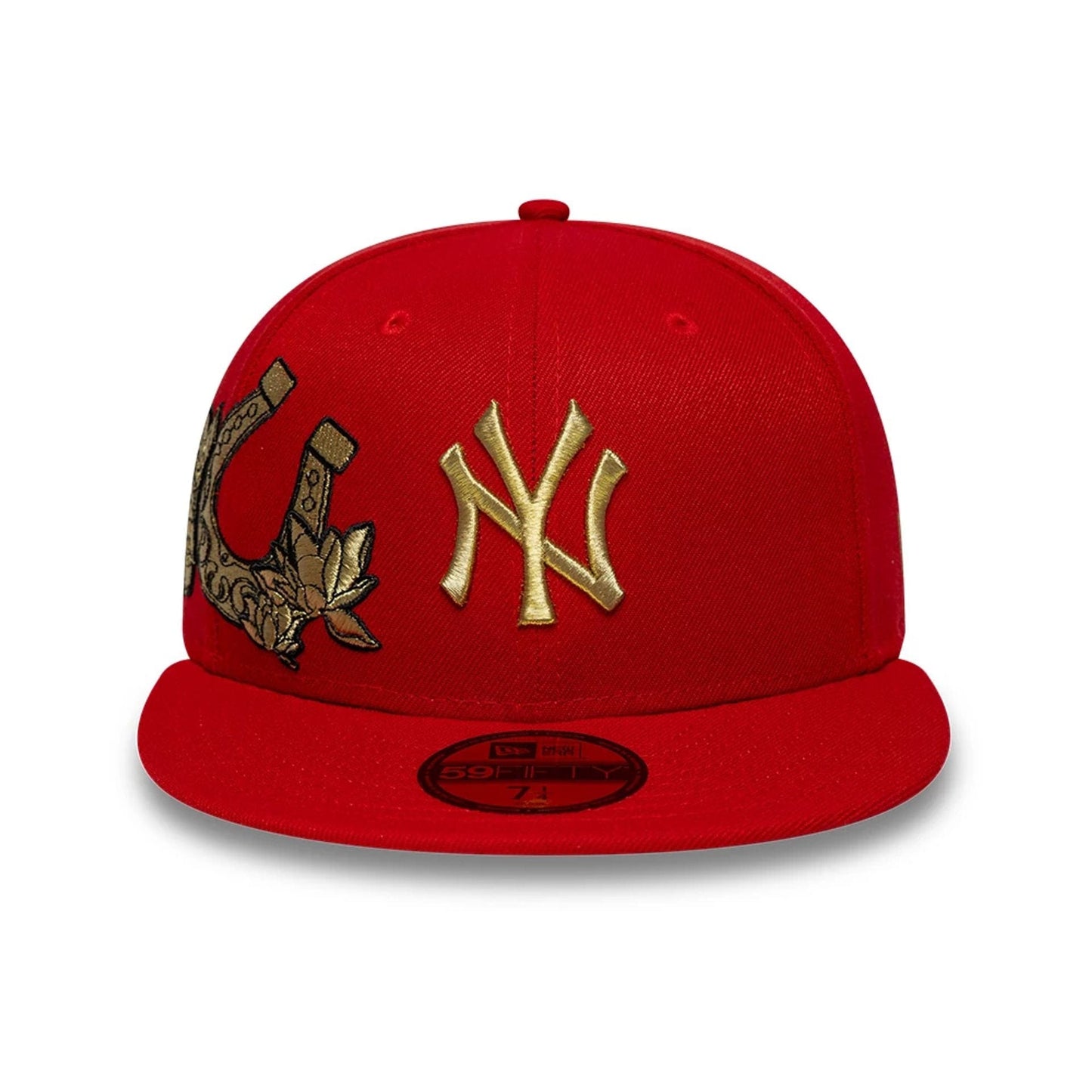 Pictured is this MLB Horseshoe New York Yankees 59FIFTY Fitted cap in red. 2