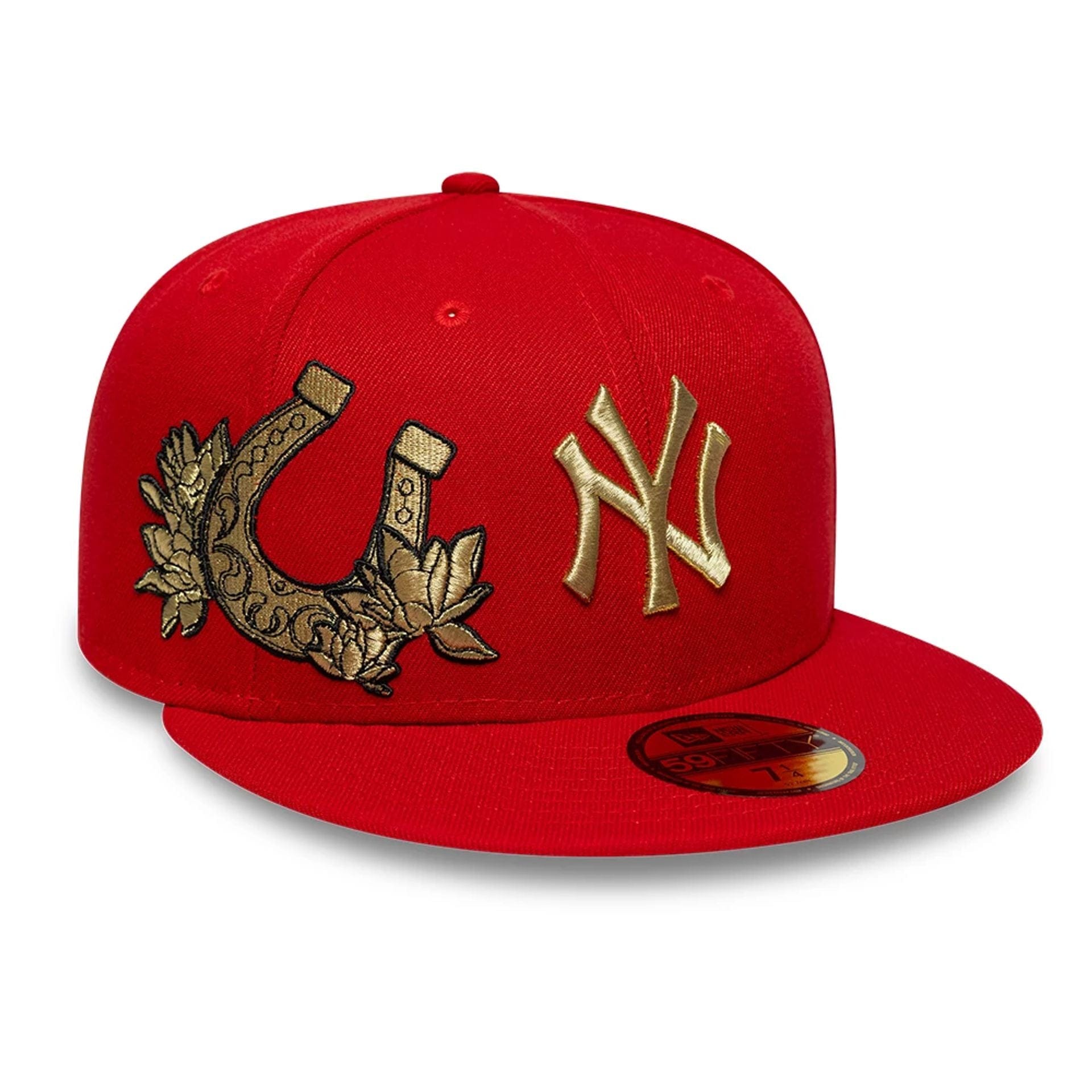 Pictured is this MLB Horseshoe New York Yankees 59FIFTY Fitted cap in red. 1