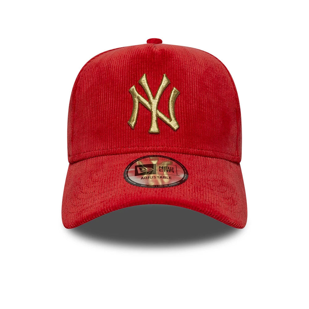 New York Yankees MLB Cord Dark Red New Era 9FORTY A-Frame Adjustable Cap, front view showing the raised gold NY logo embroidered on the corduroy textured crown, with a 9FORTY size sticker on the slightly curved dark red visor.