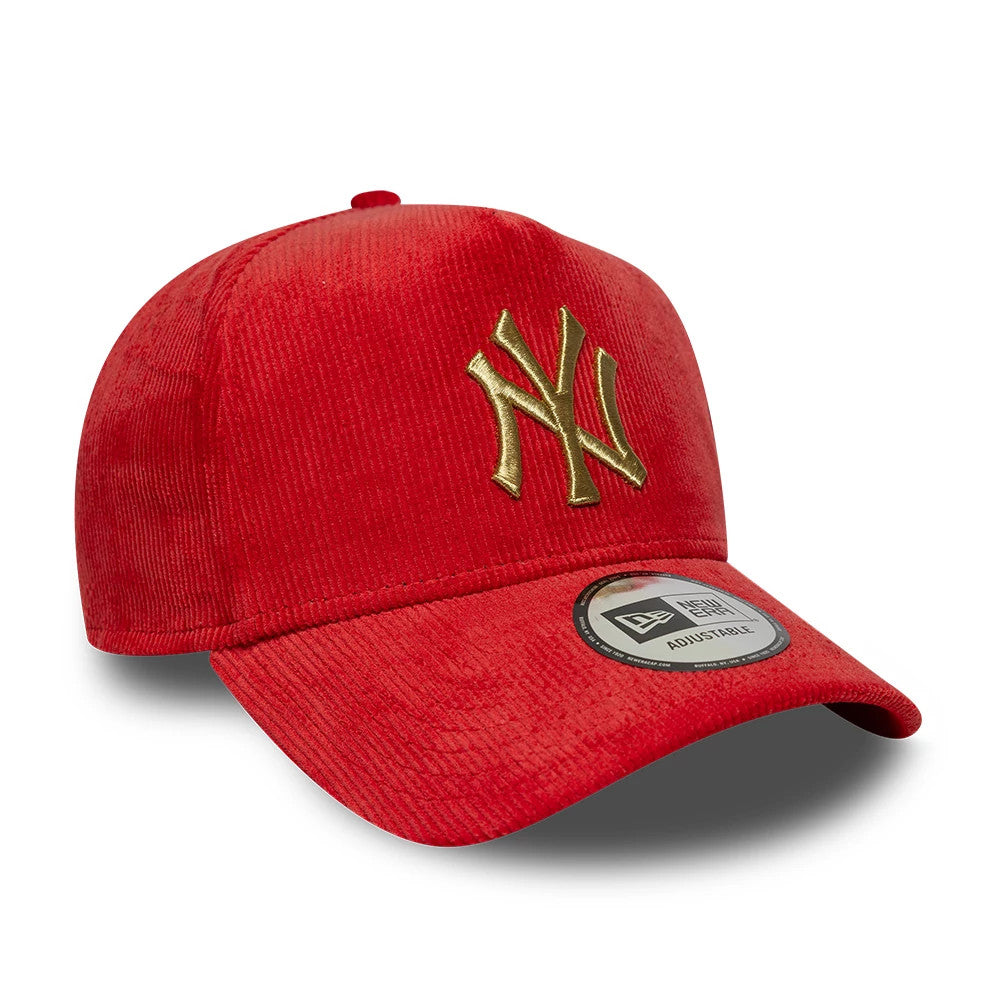 New York Yankees MLB Cord Dark Red New Era 9FORTY A-Frame Adjustable Cap, front view showing the gold raised embroidered NY logo on the front panel, red curved visor with a centred 9FORTY size sticker, and a structured corduroy crown.
