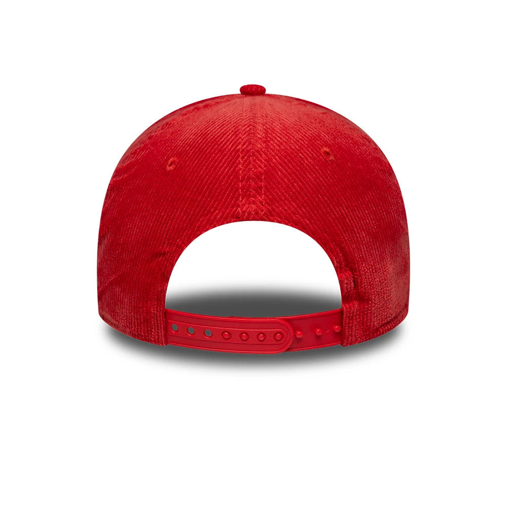 New York Yankees MLB Cord Dark Red New Era 9FORTY A-Frame Adjustable Cap, rear view showing the dark red textured corduroy fabric on the unstructured crown, with a curved visor and an adjustable snapback closure in matching red plastic.