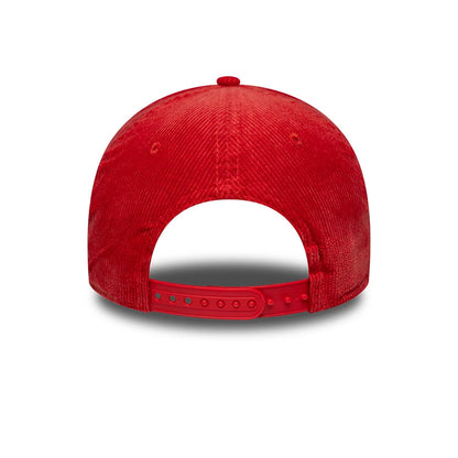 New York Yankees MLB Cord Dark Red New Era 9FORTY A-Frame Adjustable Cap, rear view showing the dark red textured corduroy fabric on the unstructured crown, with a curved visor and an adjustable snapback closure in matching red plastic.