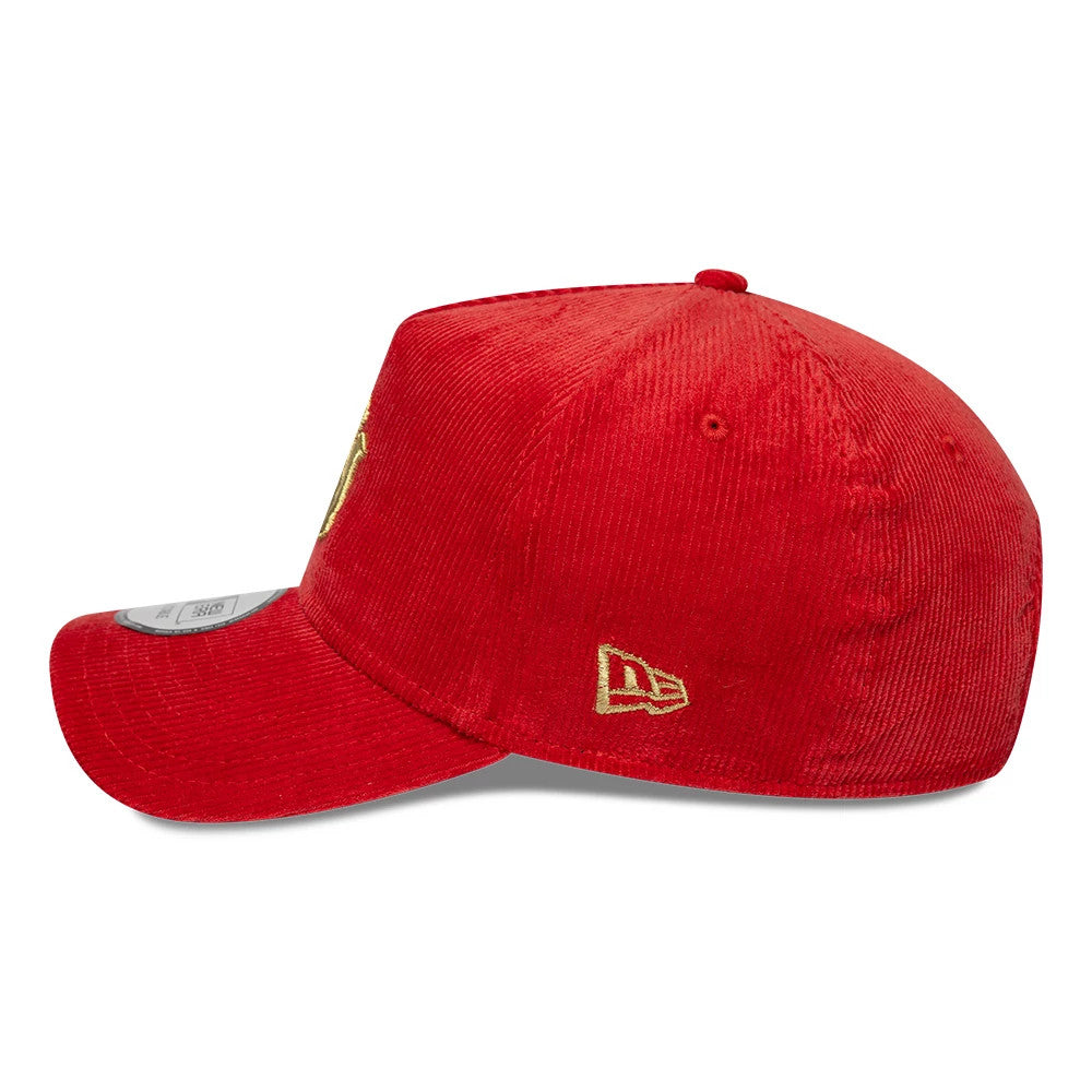 New York Yankees MLB Cord Dark Red New Era 9FORTY A-Frame Adjustable Cap, side view showing the gold embroidered New Era flag logo on the left side of the structured red corduroy crown, with a curved visor and a 9FORTY size sticker.