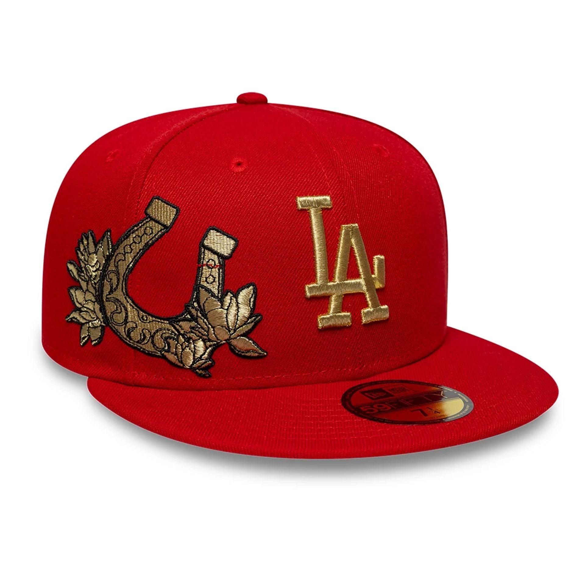 Pictured is this MLB Horseshoe LA Dodgers 59FIFTY Fitted cap in red. 1