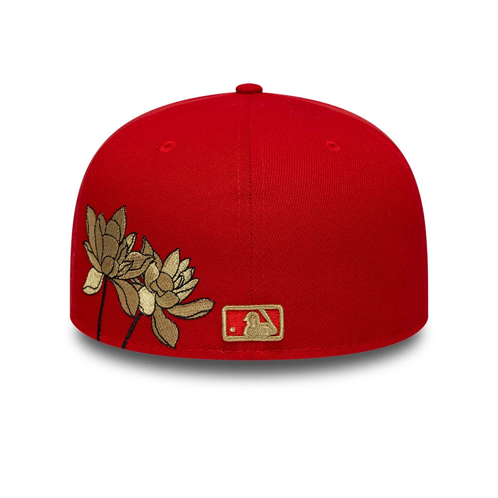 LA Dodgers MLB Horseshoe Red New Era 59FIFTY Fitted Cap, rear view showing the gold embroidered MLB Batterman logo at the centre back, with an elegant gold floral design on the left side of the red crown.