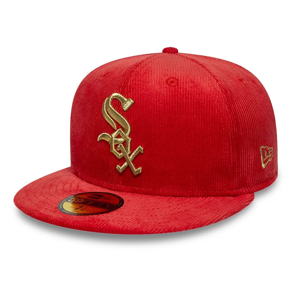 Pictured is this MLB Cord Chicago White Sox 59FIFTY Fitted cap in red. 1