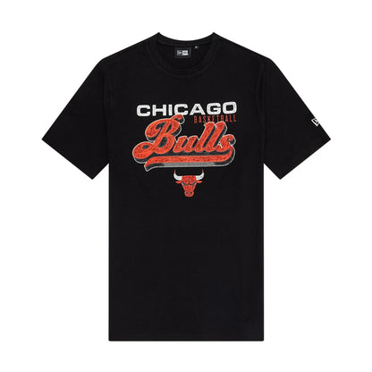 The model is wearing this NBA Wordmark Chicago Bulls T-Shirt in black. 1