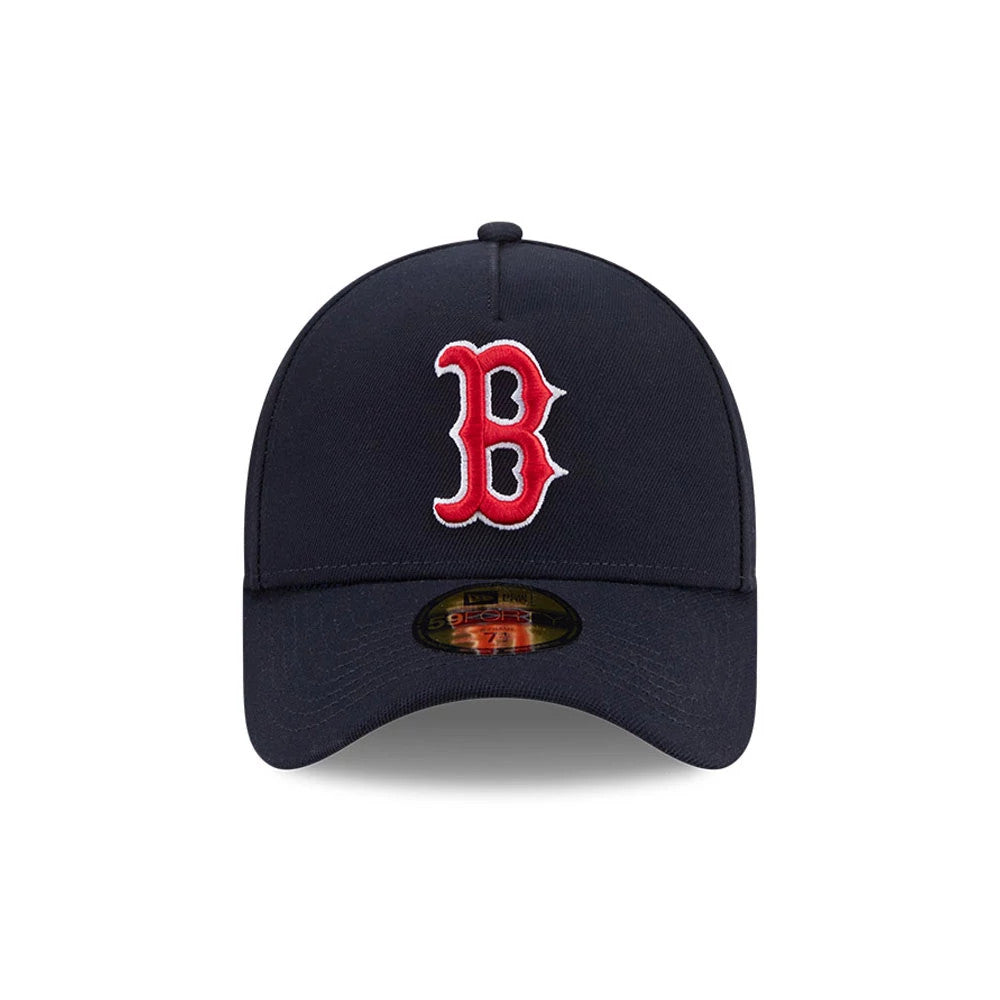Red Sox MLB Team Side Navy New Era 59FORTY A-Frame Fitted Cap, front view showing the raised red and white embroidered B logo on the structured navy crown, with a 59FORTY size sticker on the curved navy visor.