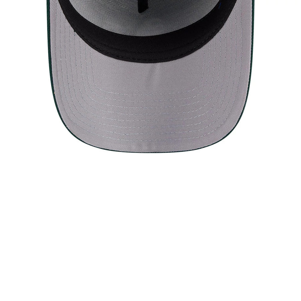 Athletics MLB Team Side Green New Era 59FORTY A-Frame Fitted Cap, inside view showing the grey undervisor, black internal taping along the seams, and black sweatband, highlighting the structured fit and quality craftsmanship of the cap's interior.