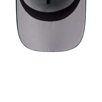 Athletics MLB Team Side Green New Era 59FORTY A-Frame Fitted Cap, inside view showing the grey undervisor, black internal taping along the seams, and black sweatband, highlighting the structured fit and quality craftsmanship of the cap's interior.