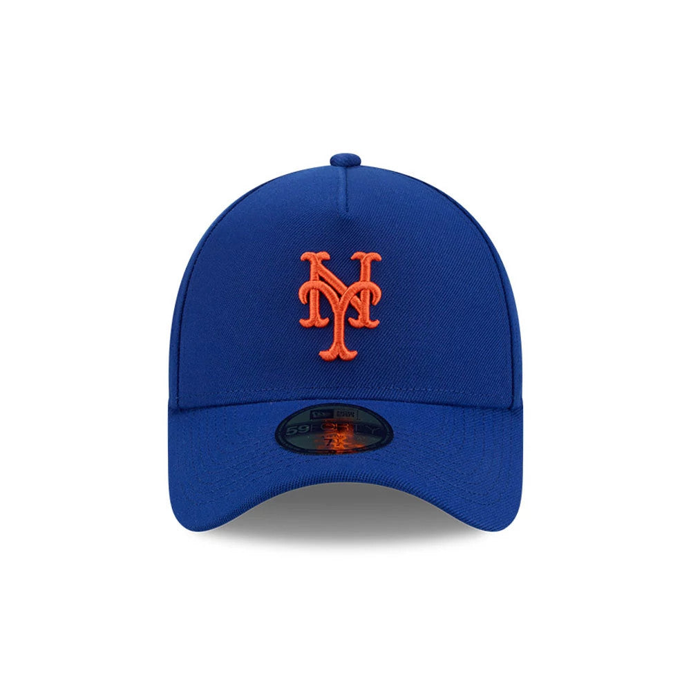Mets MLB Team Side Blue New Era 59FORTY A-Frame Fitted Cap, front view showing a raised orange embroidered Mets logo on the structured blue crown, with a matching blue curved visor and a 59FORTY size sticker centred on the visor.