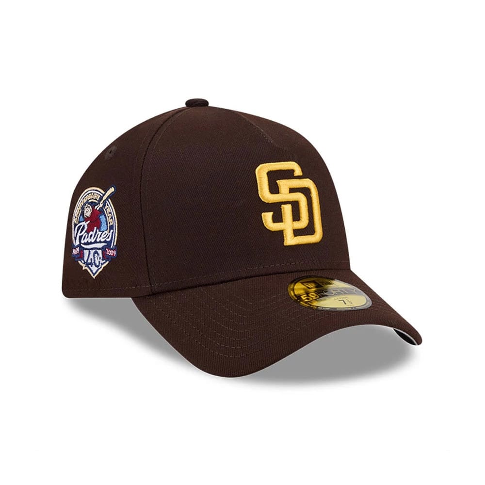 Pictured is this MLB Team Side San Diego Padres 59FORTY A-Frame Fitted cap in dark brown. 1
