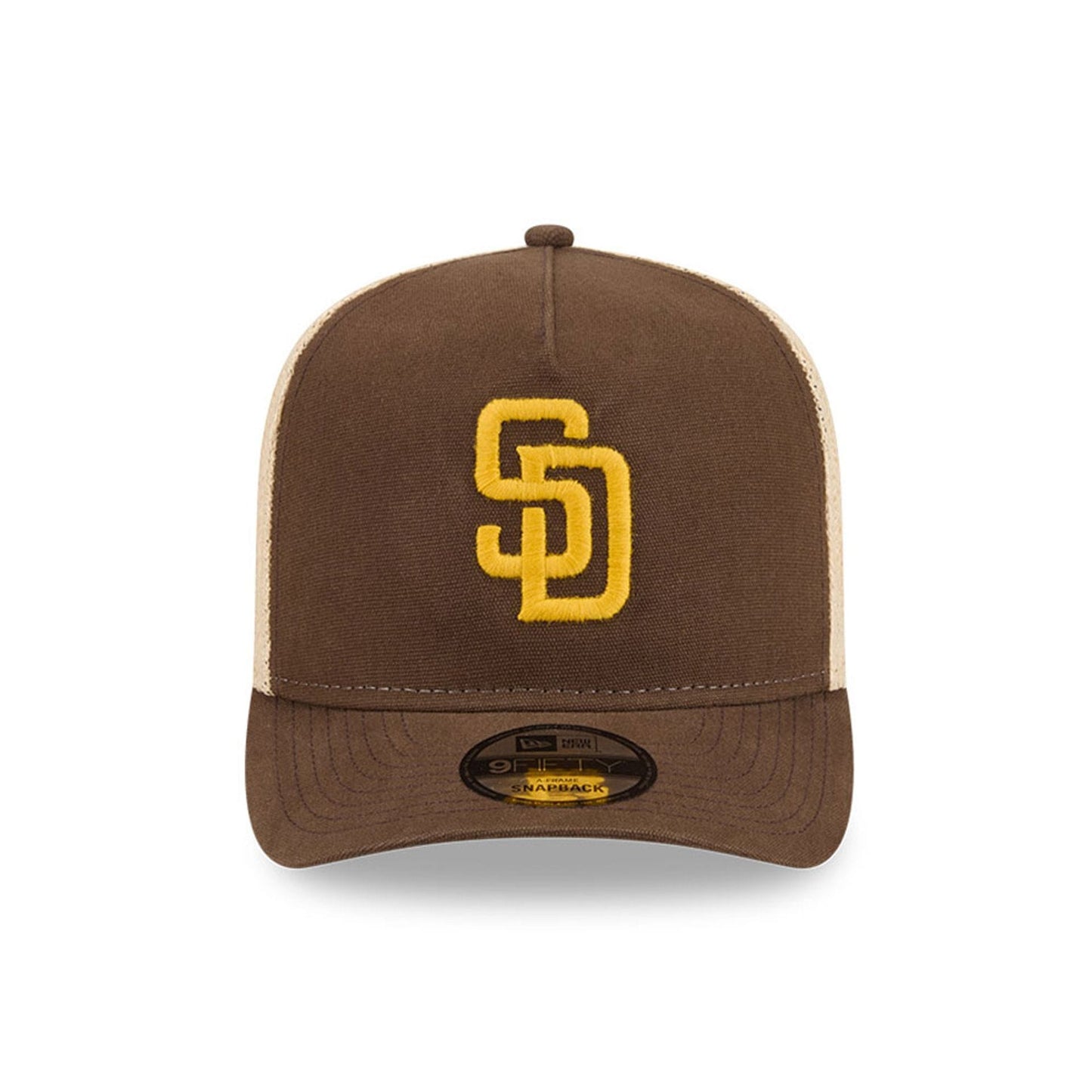 Pictured is this MLB Grained San Diego Padres 9FIFTY A-Frame Snapback cap in dark brown. 3