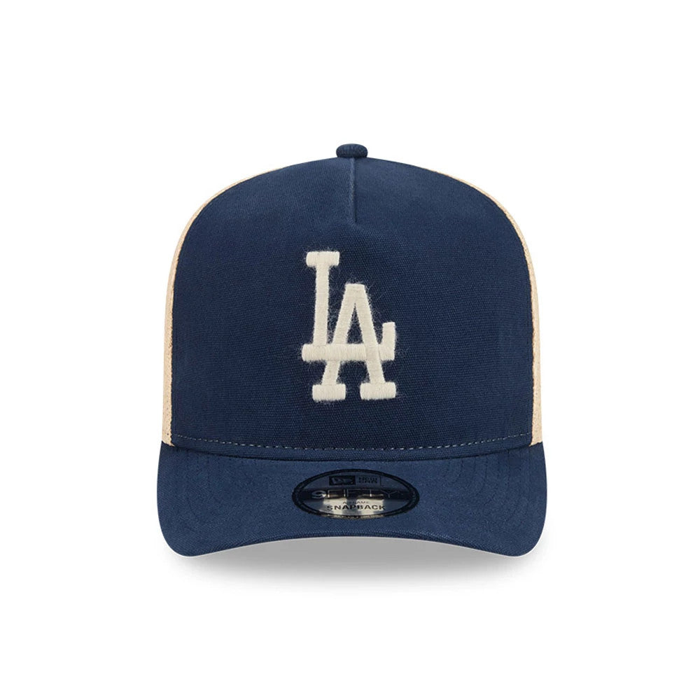 Pictured is this MLB Grained LA Dodgers 9FIFTY A-Frame Snapback cap in dark blue. 3