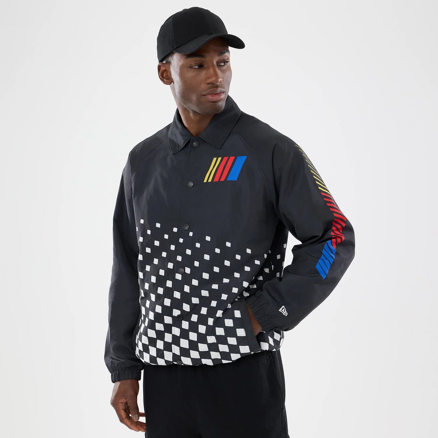 The model is wearing this Nascar Logo Jacket in black. 1