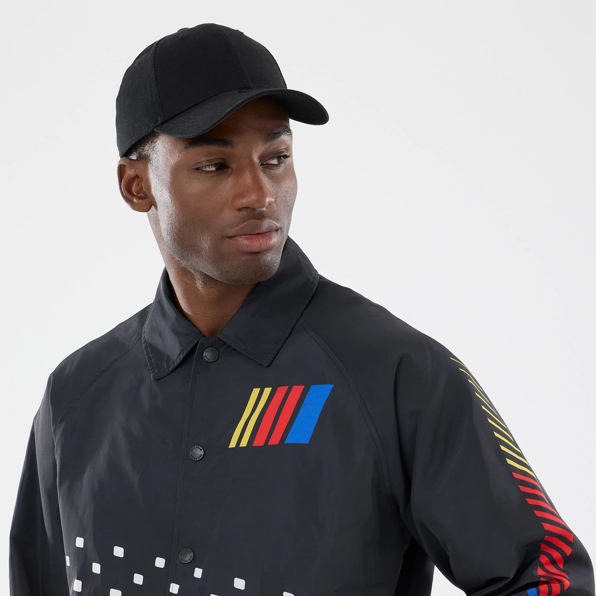 The model is wearing this Nascar Logo Jacket in black. 3
