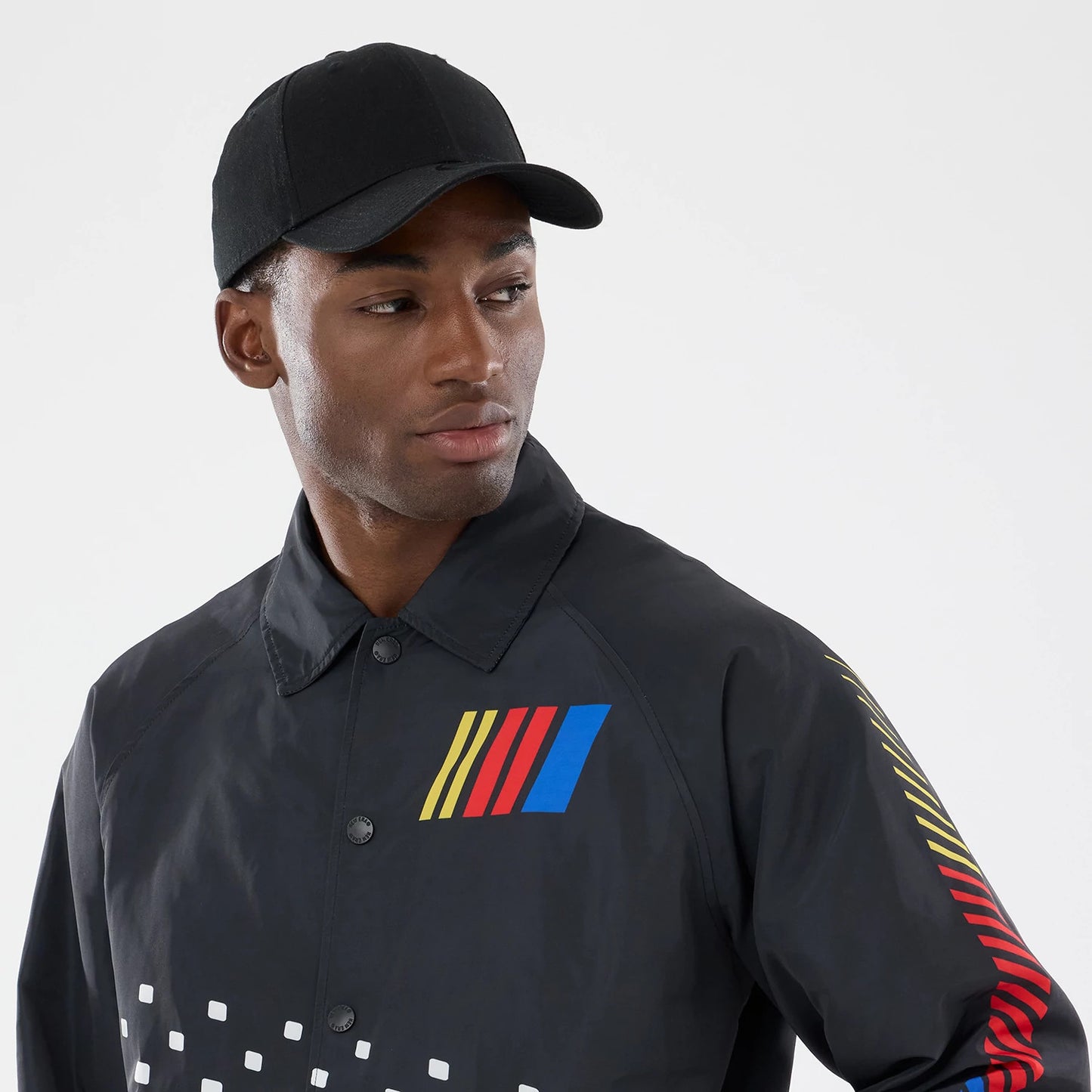 The model is wearing this Nascar Logo Jacket in black. 3