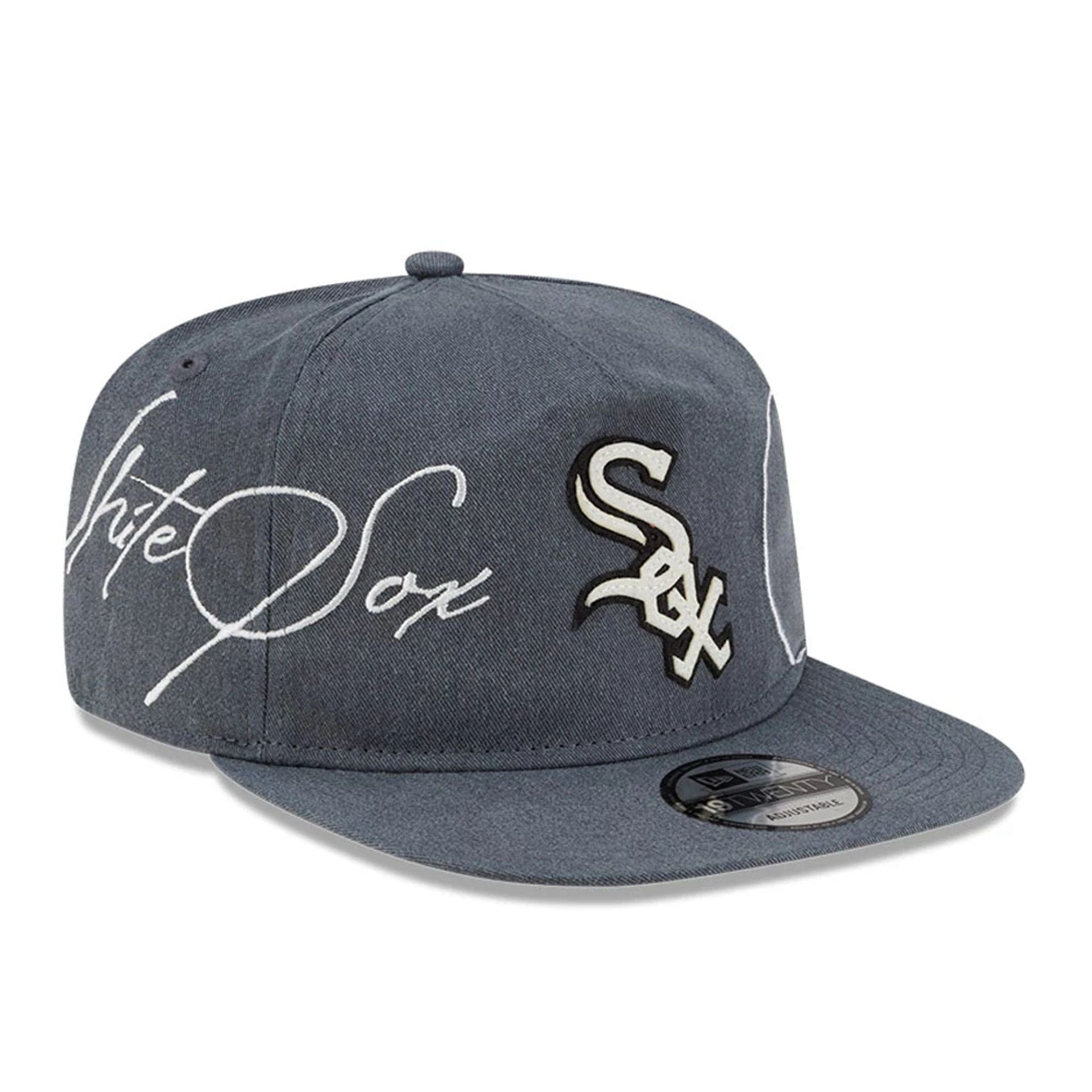 Pictured is this MLB Script Wash Chicago White Sox 19TWENTY cap in dark grey. 1