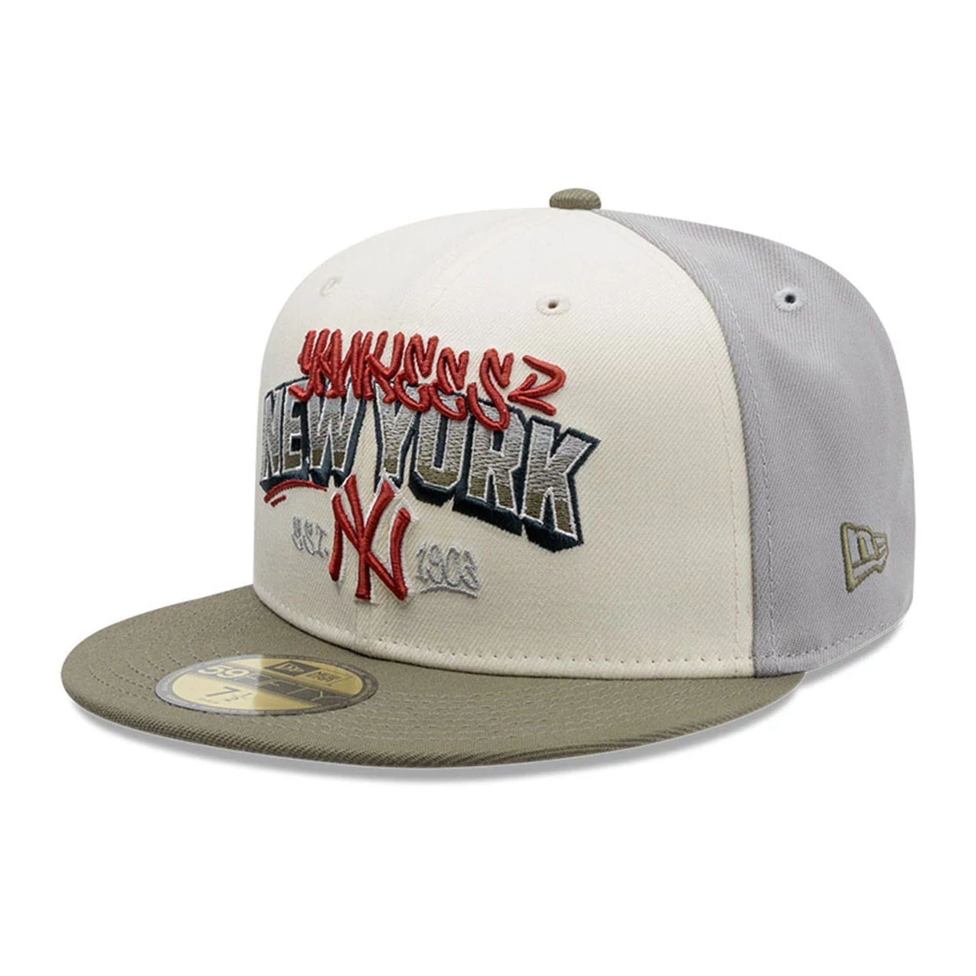 Pictured is this MLB Tagged New York Yankees 59FIFTY Fitted cap in grey. 1