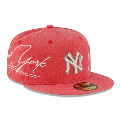 Pictured is this MLB Script Wash New York Yankees 59FIFTY Fitted cap in red. 4