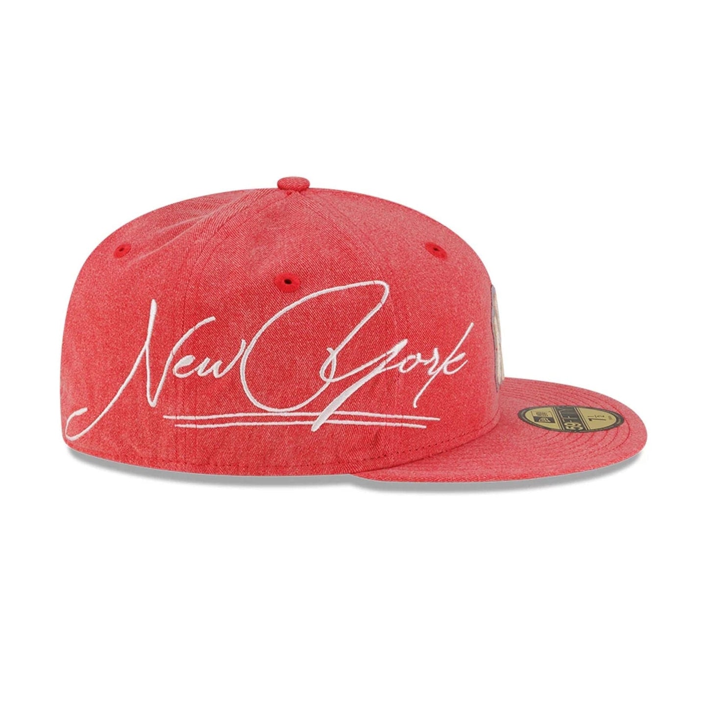 Pictured is this MLB Script Wash New York Yankees 59FIFTY Fitted cap in red. 7