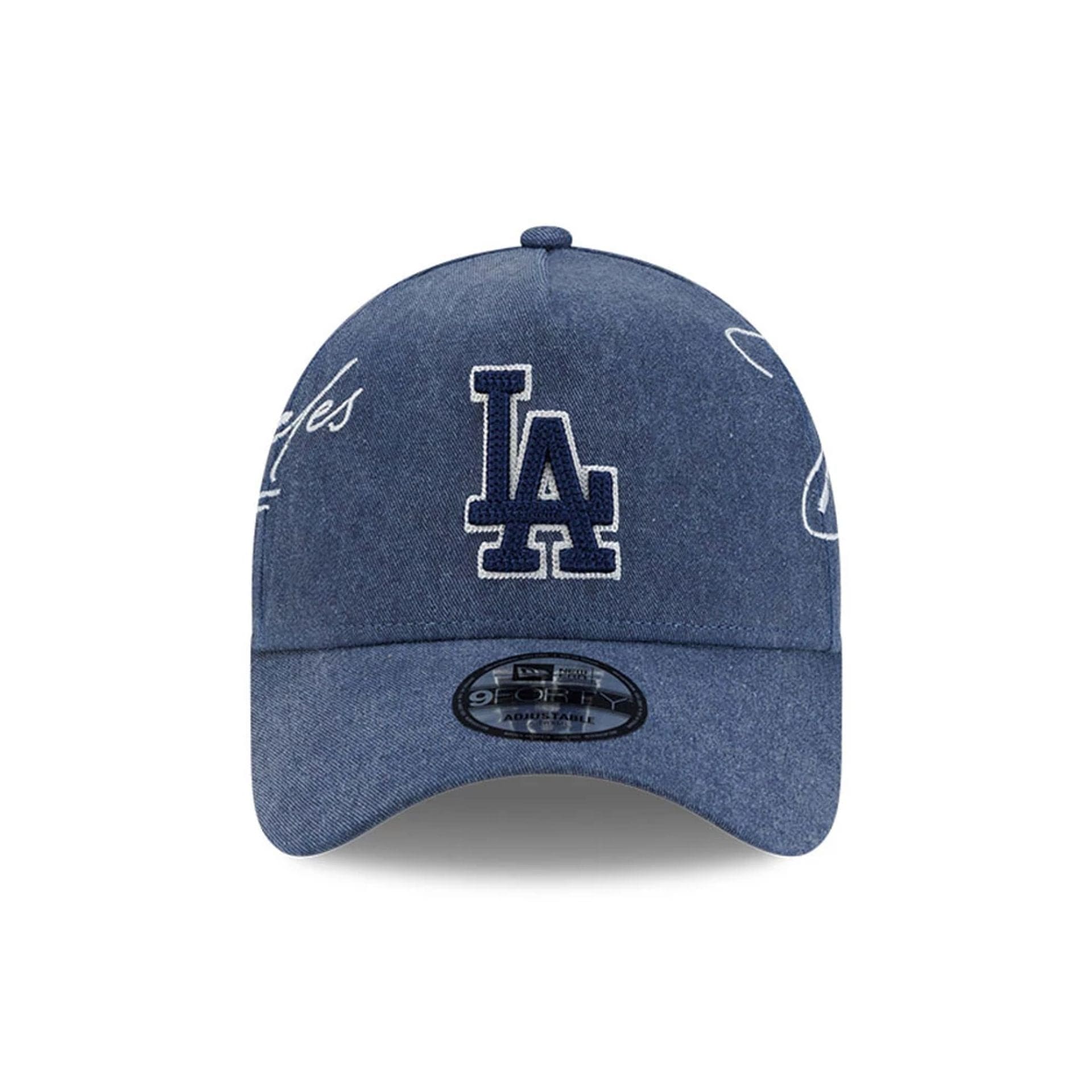 Pictured is this MLB Script Wash LA Dodgers 9FORTY A-Frame cap in navy. 3