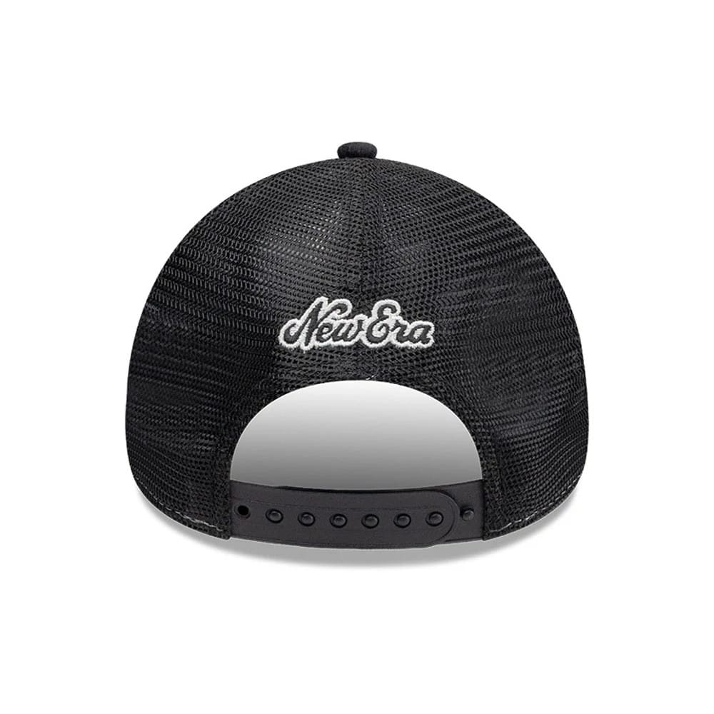 Pictured is this New Era Old English 9FORTY A-Frame cap in white. 2