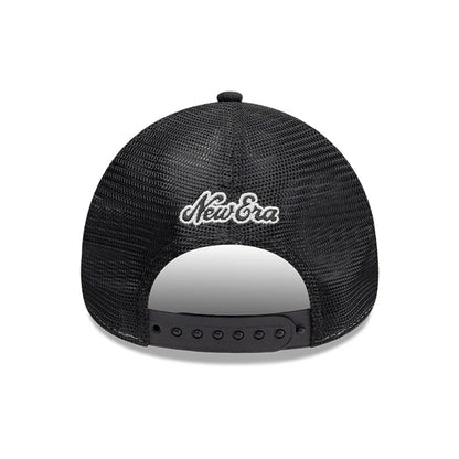 Pictured is this New Era Old English 9FORTY A-Frame cap in white. 2