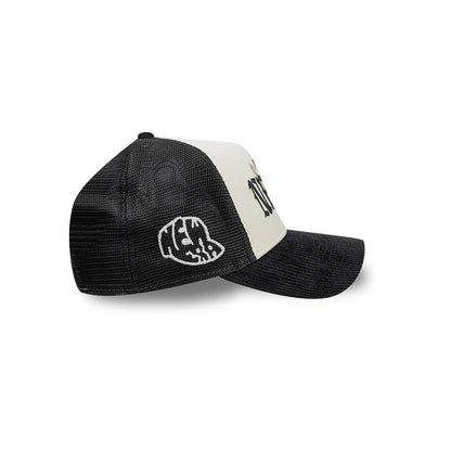 Pictured is this New Era Old English 9FORTY A-Frame cap in white. 3