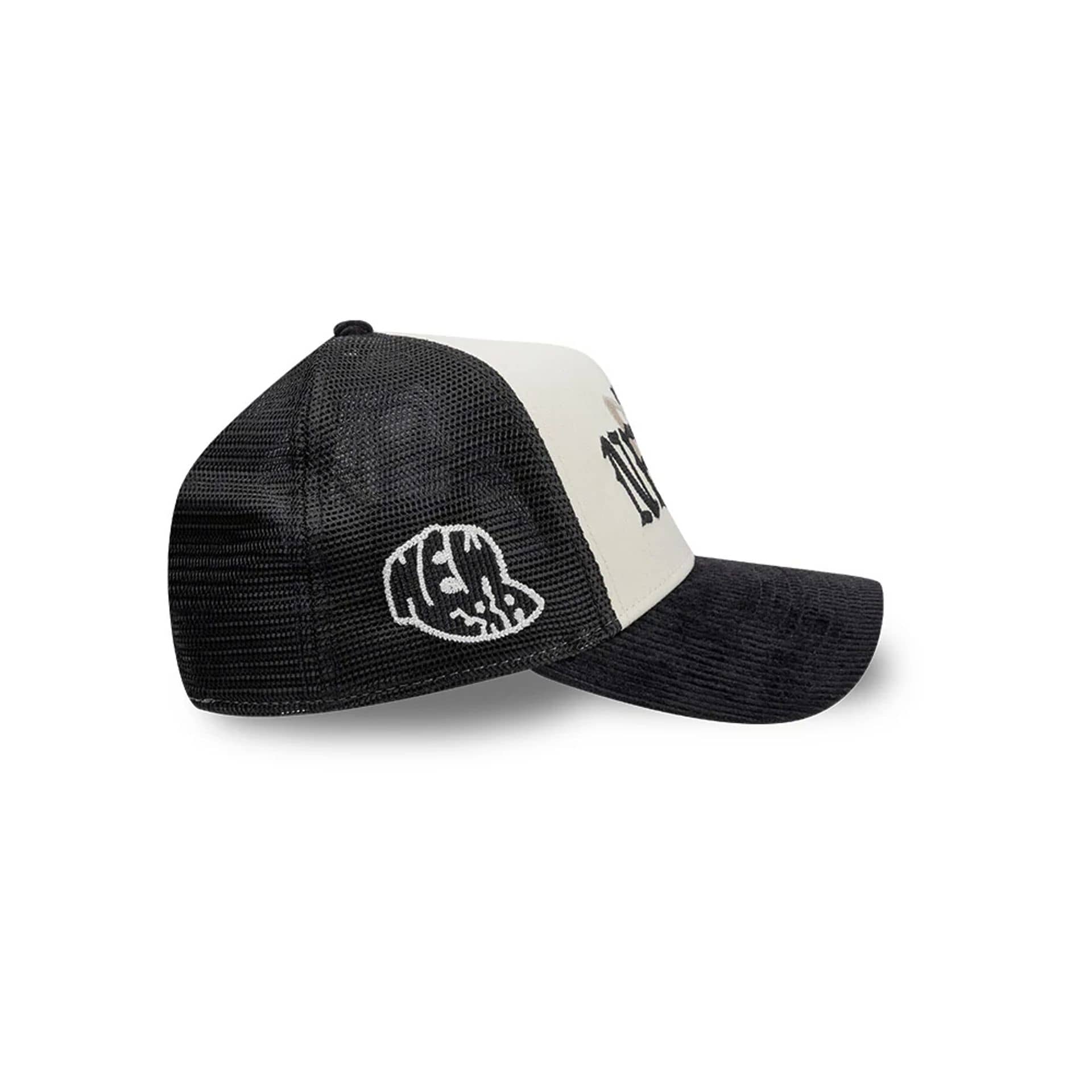 Pictured is this New Era Old English 9FORTY A-Frame cap in white. 3
