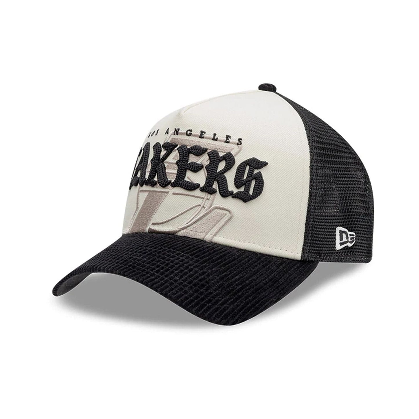 Pictured is this NBA Old English LA Lakers 9FORTY A-Frame cap in white. 3