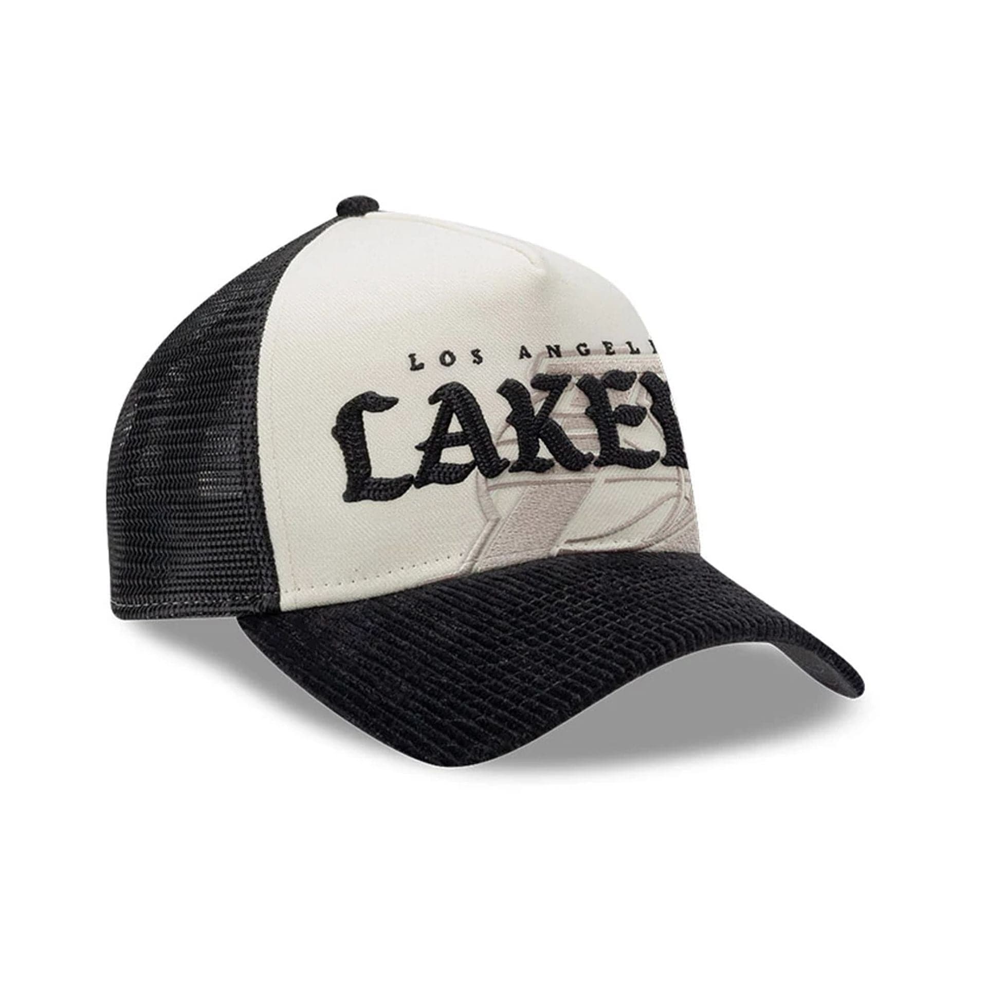 Pictured is this NBA Old English LA Lakers 9FORTY A-Frame cap in white. 1