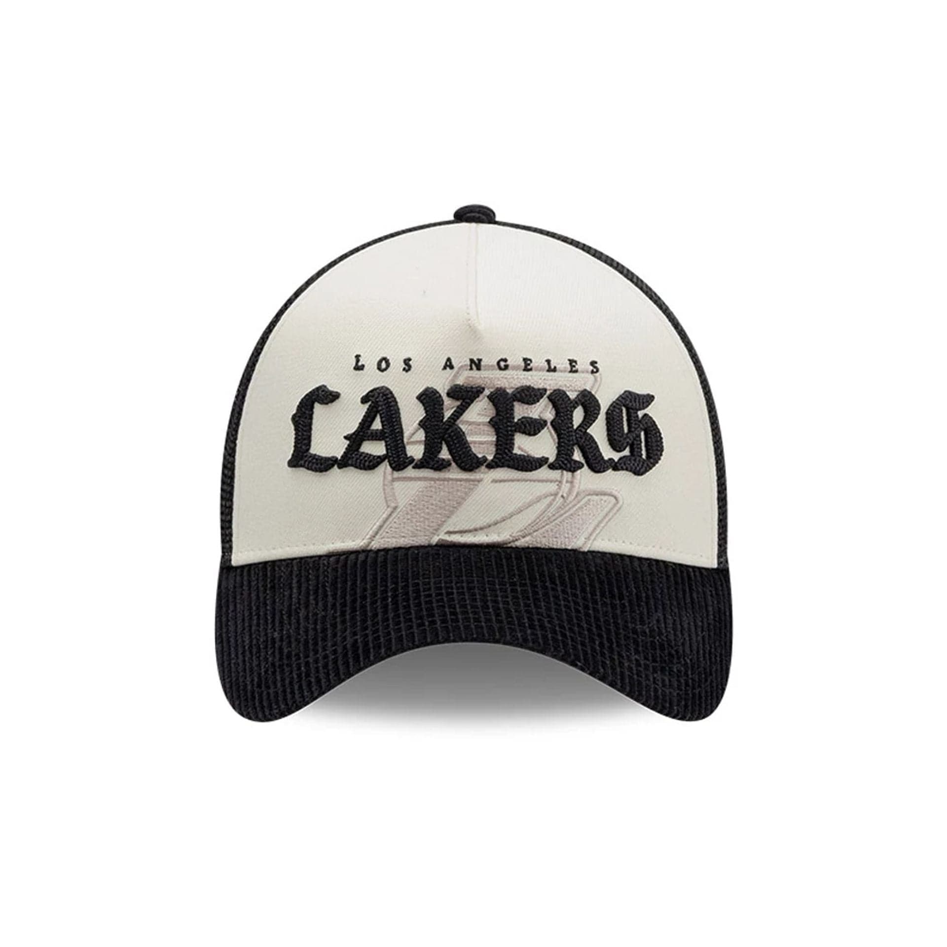 Pictured is this NBA Old English LA Lakers 9FORTY A-Frame cap in white. 2