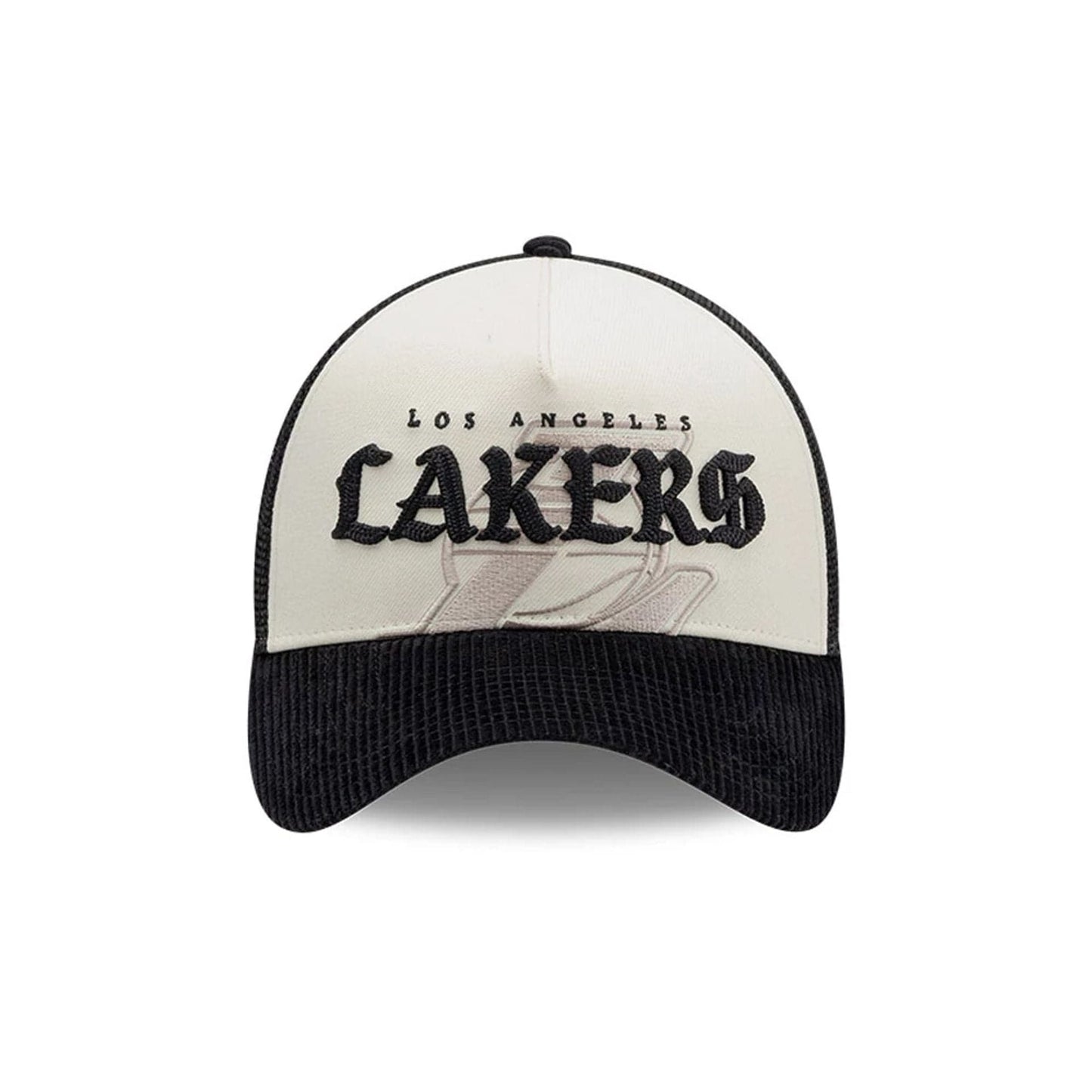 Pictured is this NBA Old English LA Lakers 9FORTY A-Frame cap in white. 2