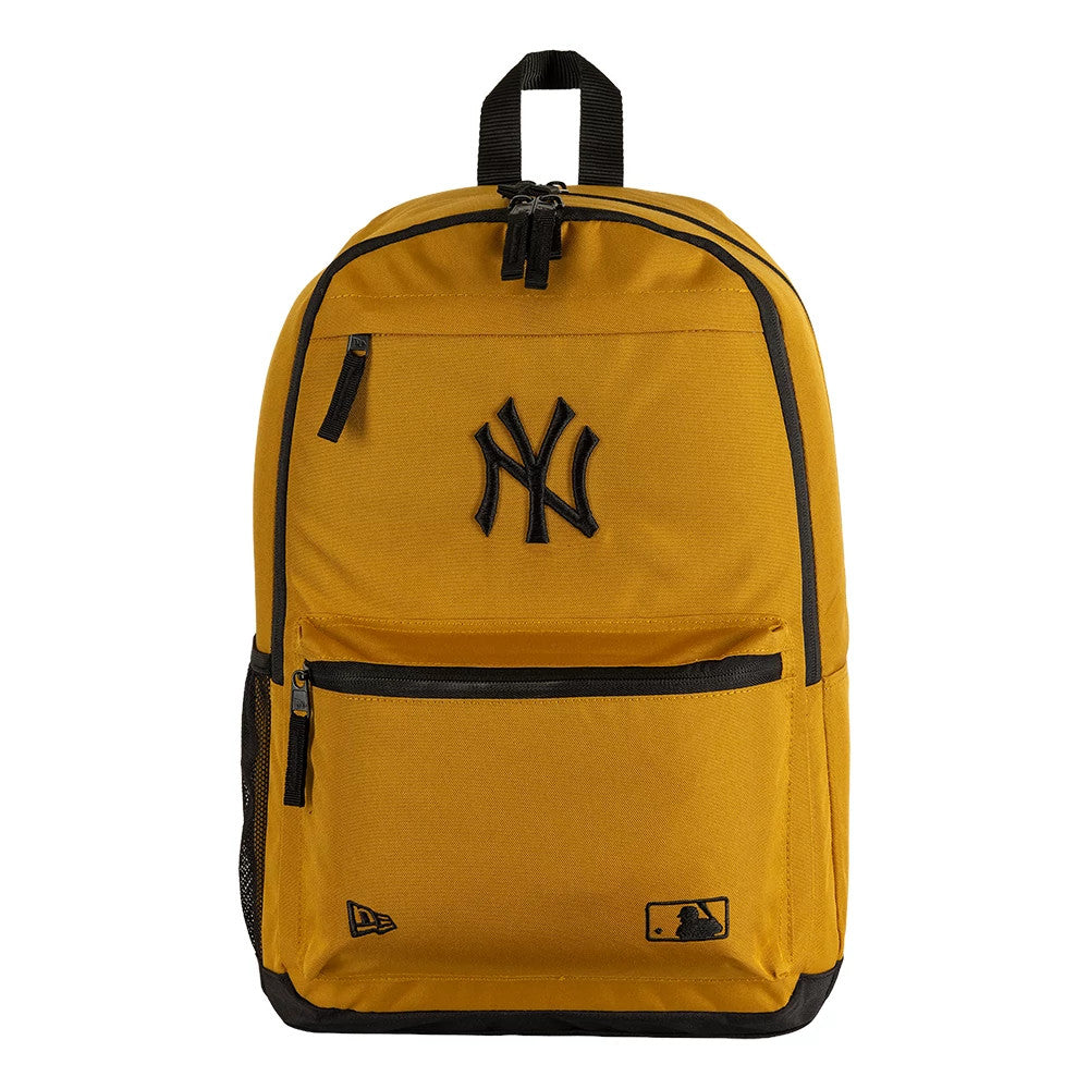 New Era New York Yankees MLB Yellow Delaware Backpack, front view showing the black embroidered New York Yankees logo centred on the yellow background, with a zip pocket below, additional New Era and MLB Batterman logos printed near the base.