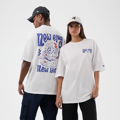 The model is wearing this New Era Fun Pizza Graphic Oversized T-Shirt in white. 1