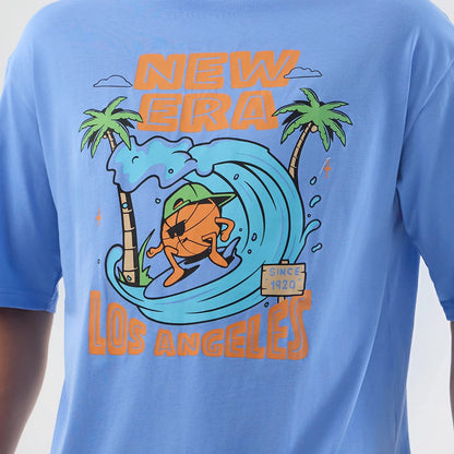 The model is wearing this New Era Basketball Character Graphic T-Shirt in pastel blue. 5