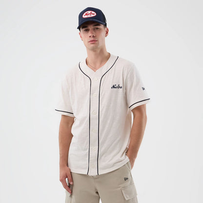 The model is wearing this New Era Slub Baseball Jersey in open white. 1