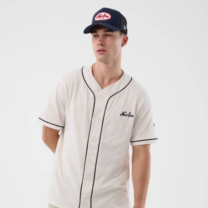 The model is wearing this New Era Slub Baseball Jersey in open white. 3