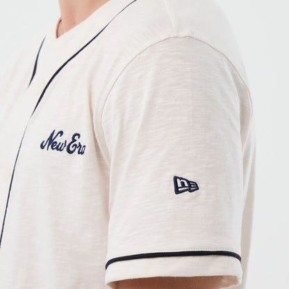 The model is wearing this New Era Slub Baseball Jersey in open white. 5