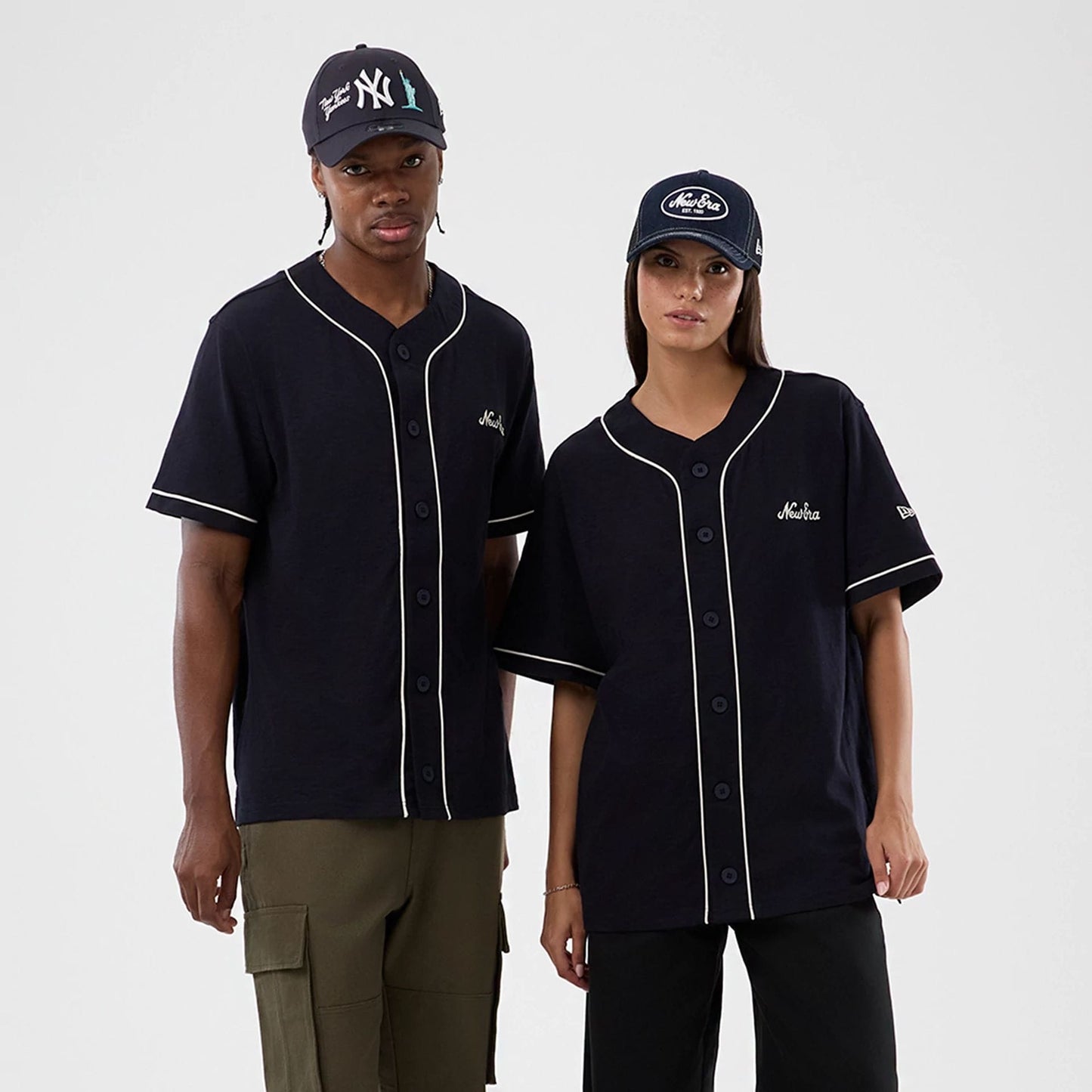 The model is wearing this New Era Slub Baseball Jersey in navy. 1